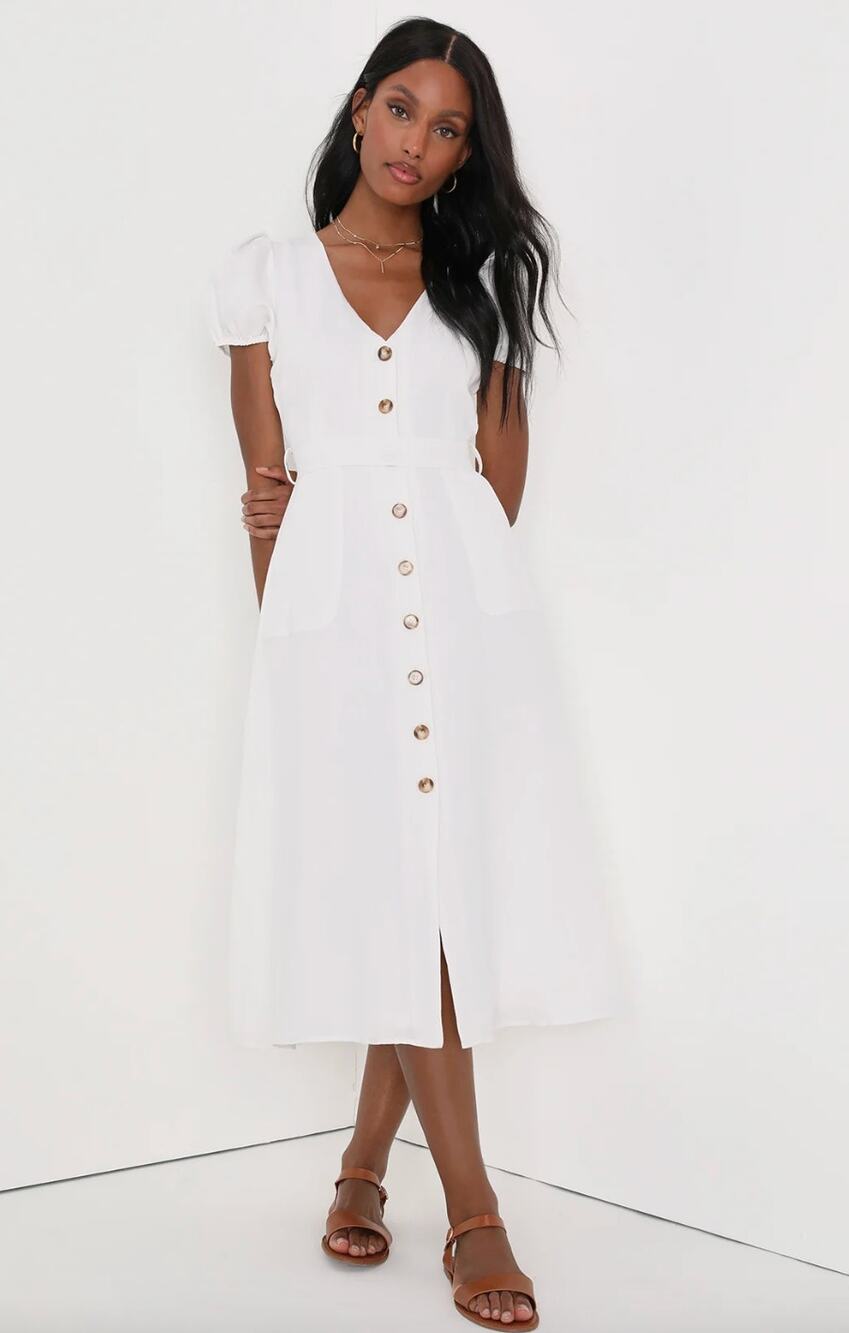 Lulus Sicily Sweetheart White Button-Front Puff Sleeve Midi Dress Classic Medium